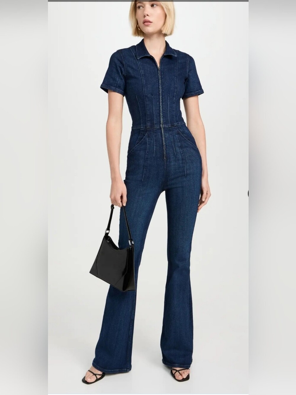 Free People We The Free Jayde Flare Denim Jumpsuit Dark Wash Size Medium